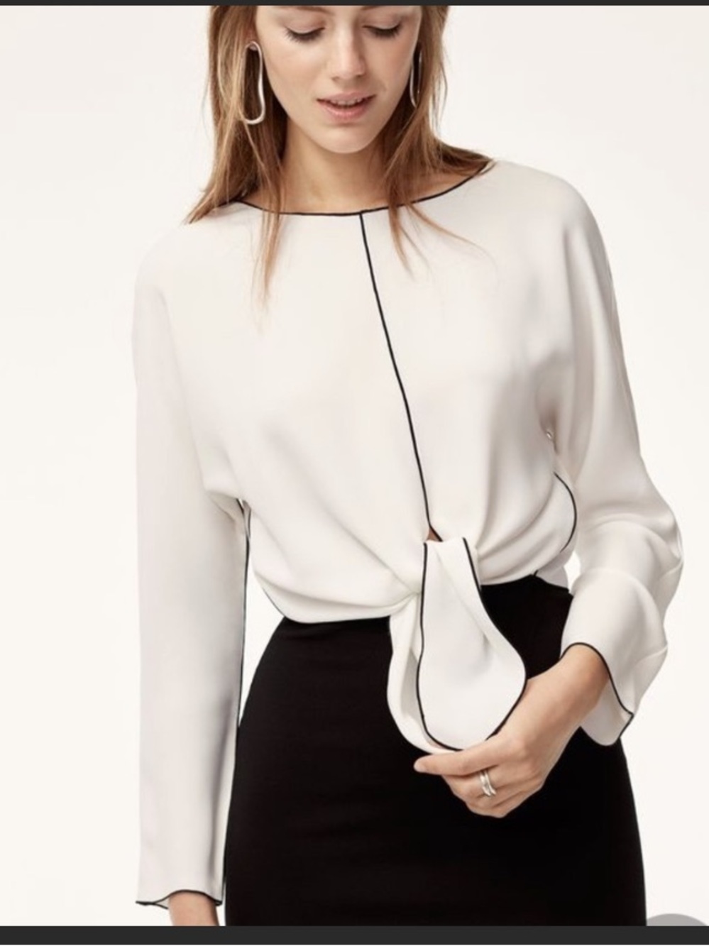 Babaton Ivory Blouse with Black Piped Tie-Front